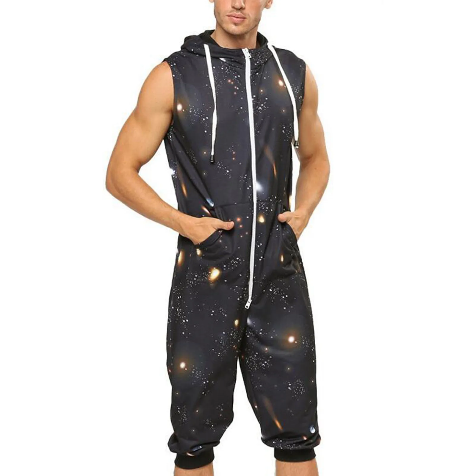 Men'S Print Hooded Jumpsuit Vantage Onesie Pajamas Sexy Sleeveless Hooded Home Wear Casual Comfortable Sleepwear Rompers