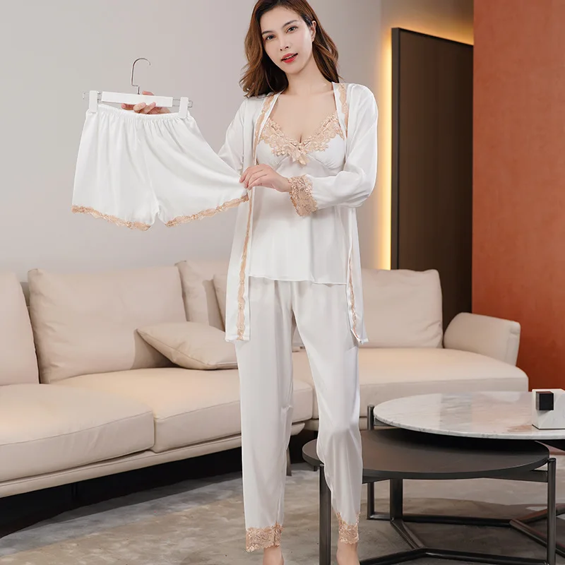 

Patchwork Lace Satin 5pcs Pajamas Suit Homewear Spring New Sleep Set Nightwear Loungewear Women Pyjamas Intimate Lingerie