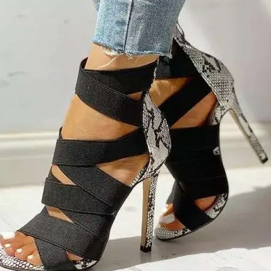 2022 summer new fashion snake pattern elastic high-heeled Roman shoes women's sandals plus size women 42 |