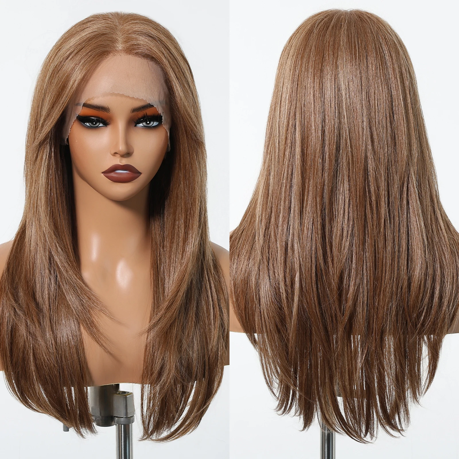 13* 6 Lace Front Synthetic Wig Layered Straight Light Brown Wig Hair for Women Natural Daily Party Use Heat Resistant Fiber