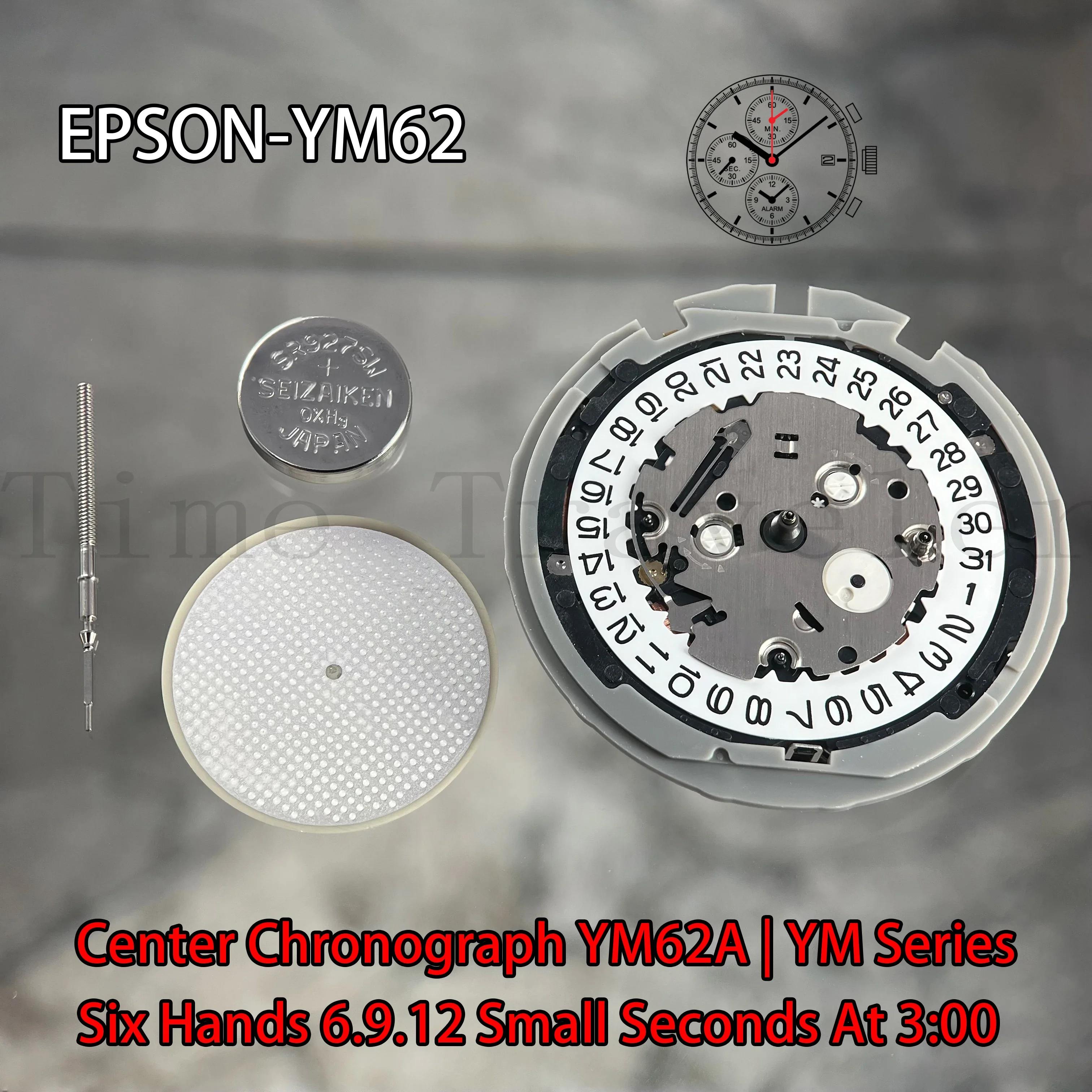 

YM62 Movement Epson YM62 Movement YM Series YM62A-3 Quartz Movement Size:12'''6 Hands 6.9.12 Small Seconds /date display at 3:00