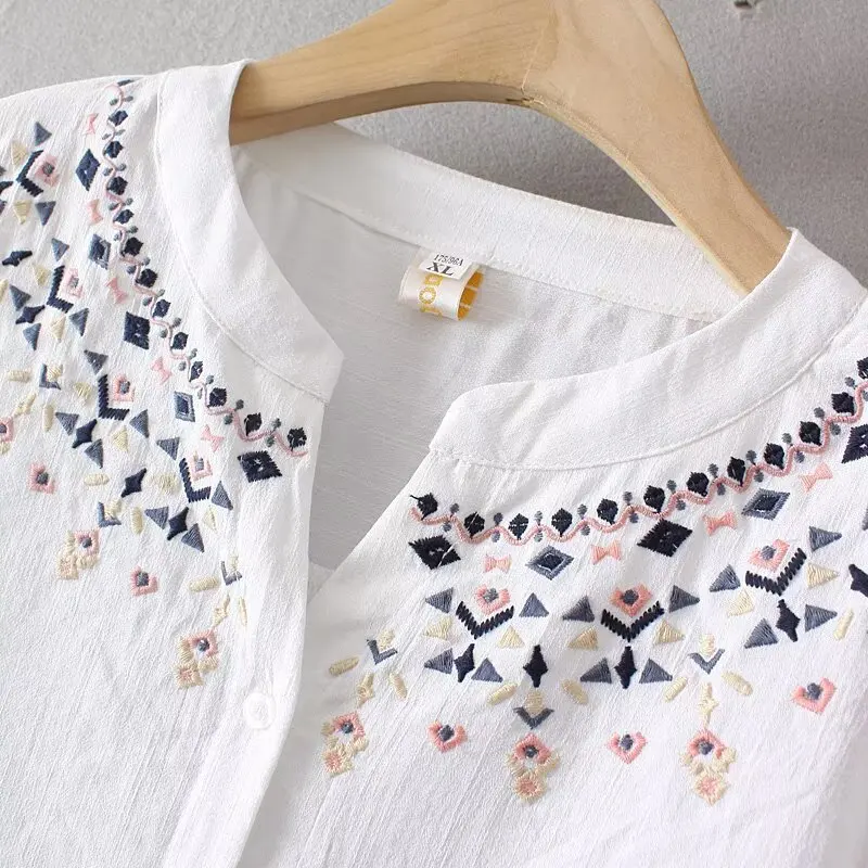 Fashion Plus Size Women's Blouses 2025 Autumn New Style Elegant Ethnic Style Embroidered V-neck Long Sleeve Shirt