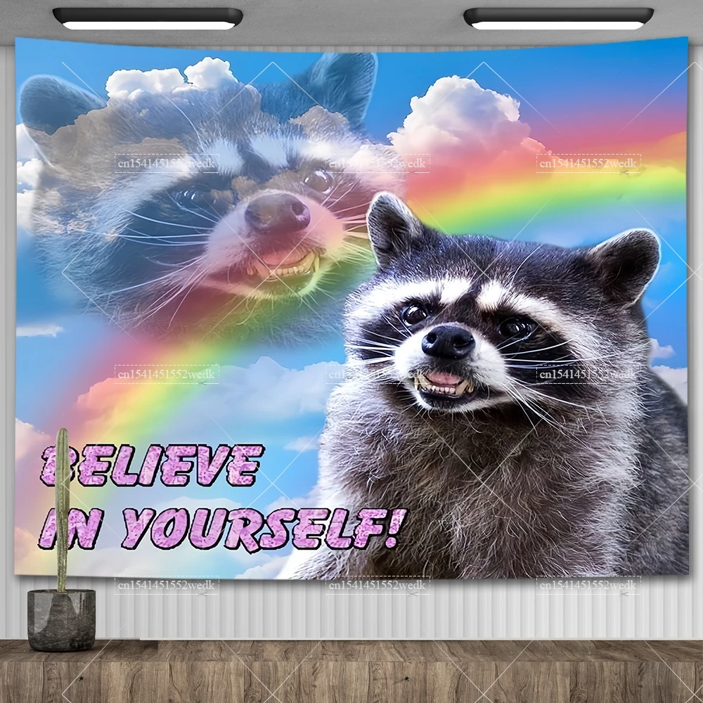 Believe In ABLE Self Tapestry Cartoons Raccoon Stay Trashy Meme Tapestry Wall Hanging Aesthetic Bedroom Decor Racoon Flag Banner tapestry decorations