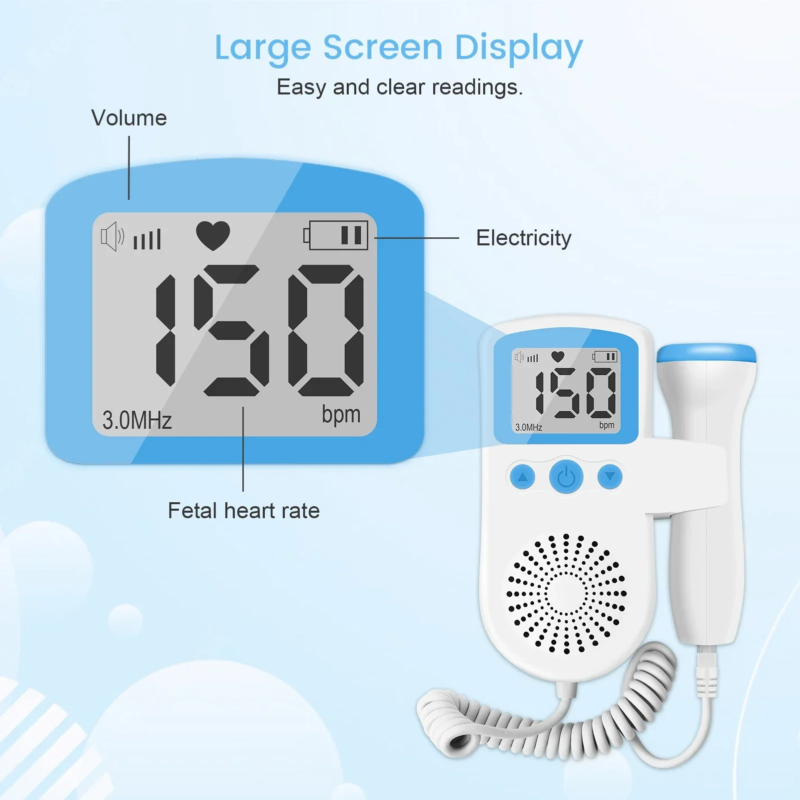3MHz Doppler Fetal Monitor Baby Heartbeat Monitor Pregnancy Digital Fetal Doppler Stethoscope Baby Heart Beat Detector Mom
