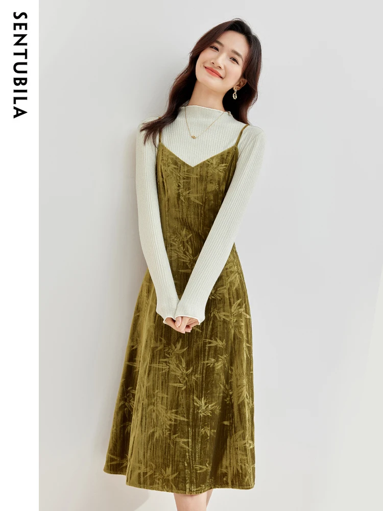 

SENTUBILA Corduroy Slip Dresses Women Elegant Ladies V-Neck Fashion Spaghetti Strap Bamboo Print A-Line Dress Woman 134L51899