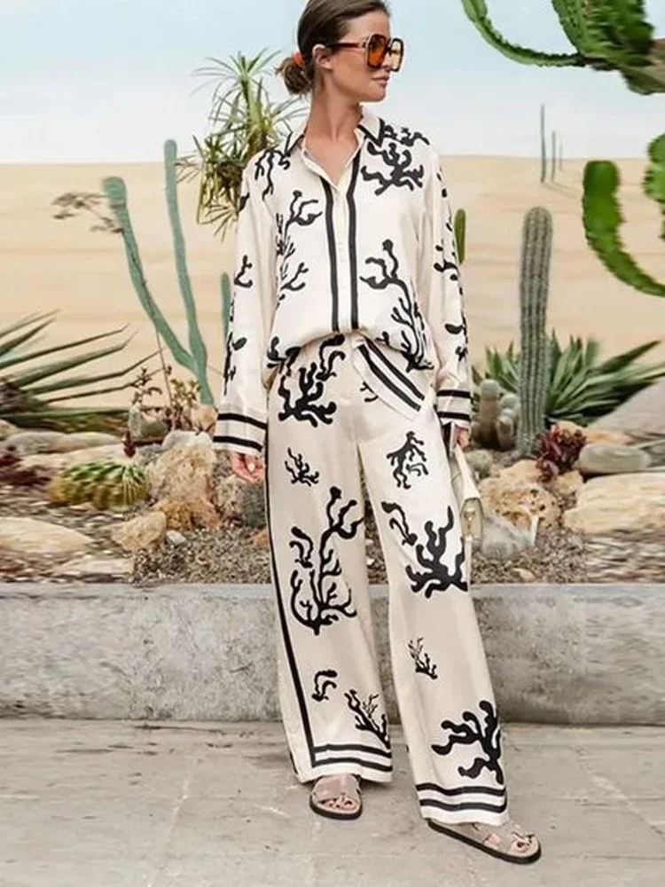 2024 New Printed Long Pant Set Women Loose Lapel Long Sleeves Blouse Wide Leg Trousers Summer Fashion Soft Female Set Streetwear trendy o neck wide leg colorful flower print mid aged night clothes short sleeves mid aged night clothes female clothes