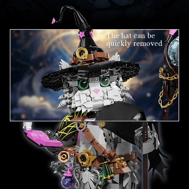 Creative 1458Pcs Magic Wizard Cat Building Blocks Magician Cat