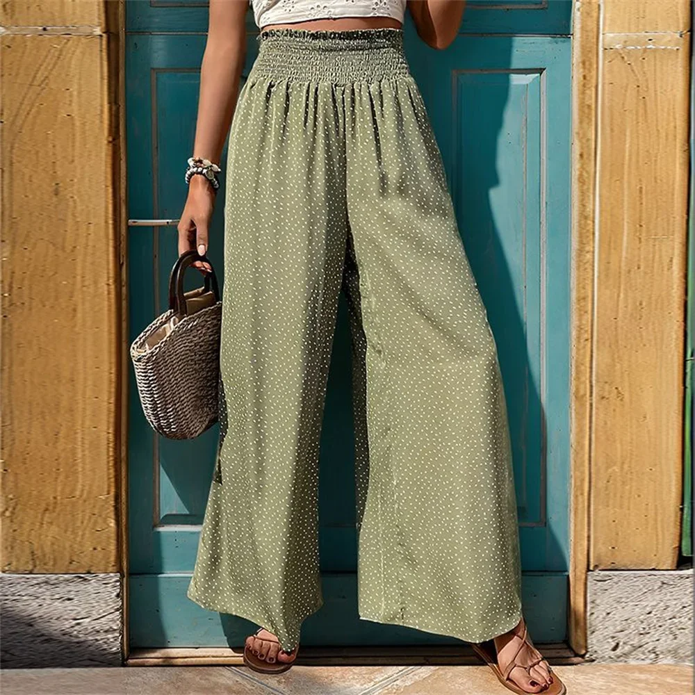 Women Summer Casual Elegant Long Pants Ladies Wide Leg Pants High Waist Polka Dot Loose Pant Straight Trousers Elastic Waistband