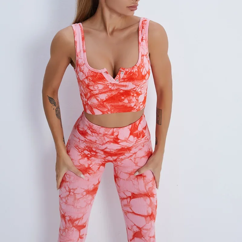 Tie Dye Yoga Sets Women's Gym Sleeveless Crop Vest Top Legging Pant Set Workout Clothes for Women Sportswear Fitness Sports Suit