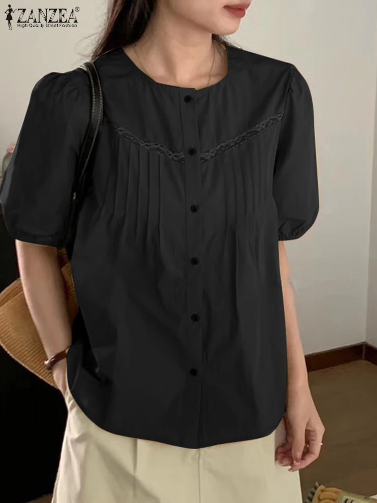 

Fashion Pleated Shirts ZANZEA Summer Women Blouse Elegant Office Work Shirt O-Neck Short Sleeve Patchwork Tops Femme Tunic Blusa