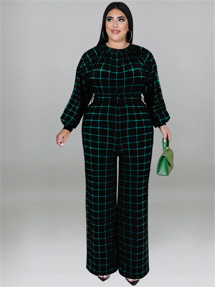 Wmstar Plus Size Jumpsuit Women with Belt Plaid One Piece Outfits Casual Wide Leg Bodysuit Office Lady Wholesale Dropshipping