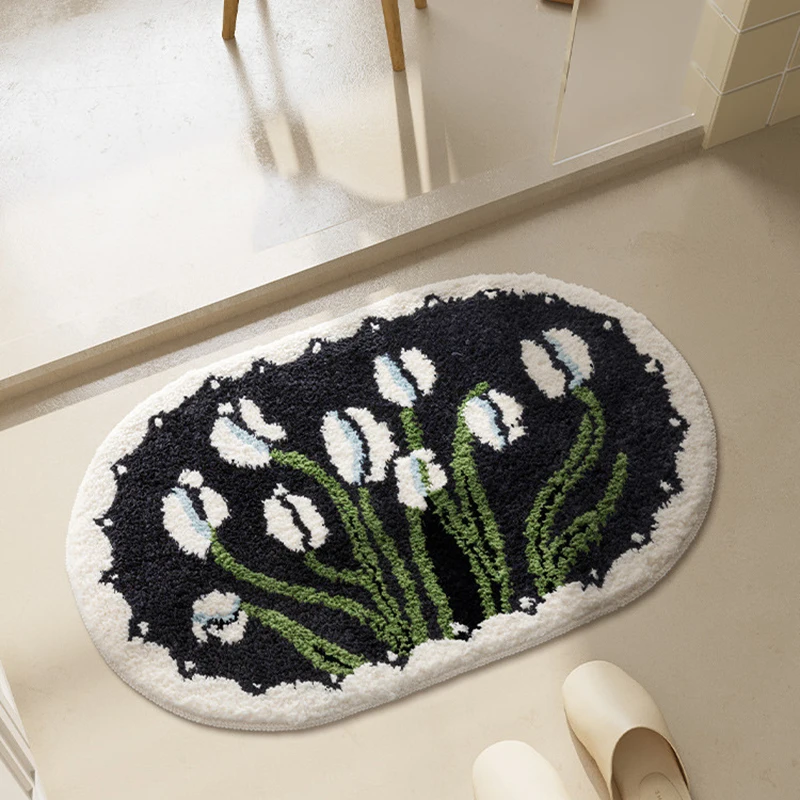 

Oval Tufting Tulip Bathmat Soft Black White Bathroom Door Mat Fluffy Rug Bedroom Foot Carpet Floor Safety Pad Home Room Decor
