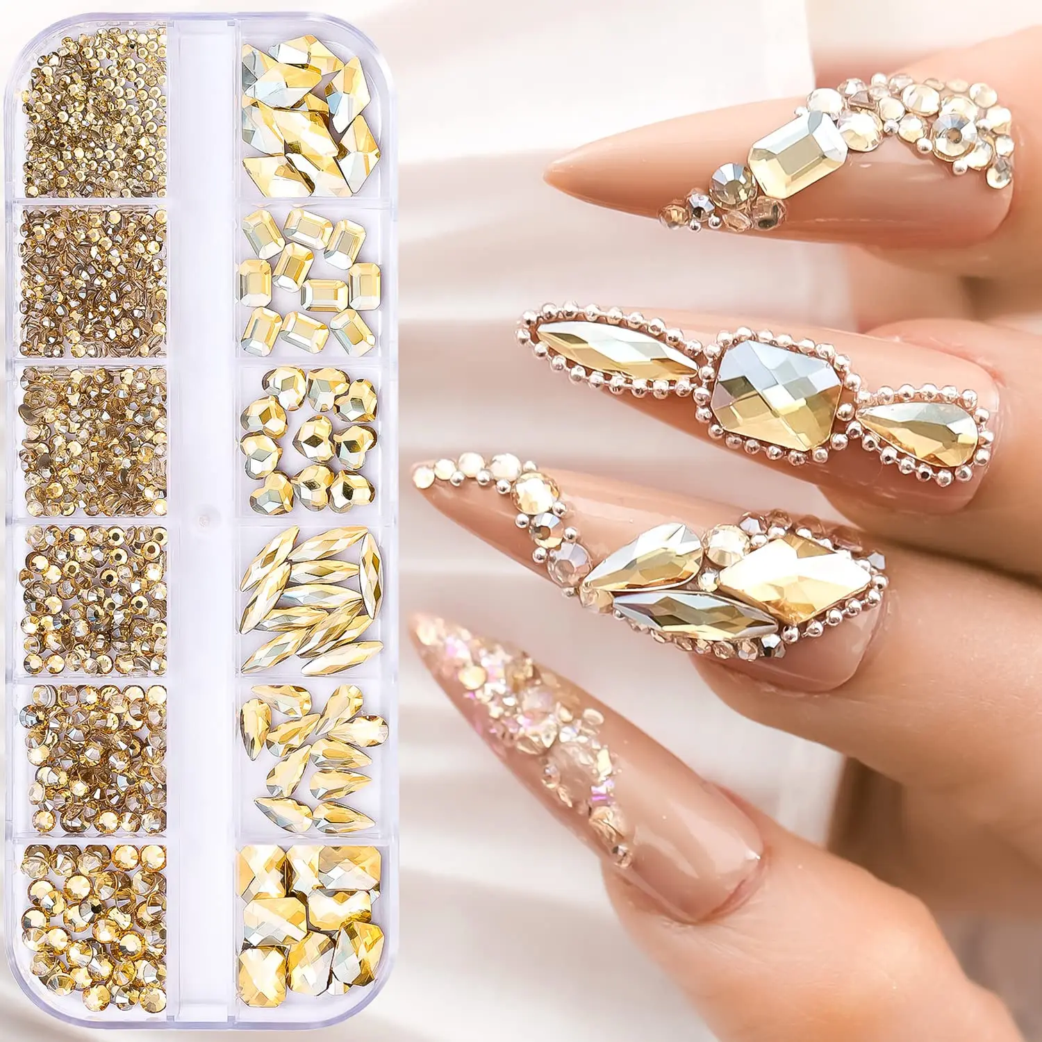 920pcs Champagne Rhinestones For Nails, Gold Champagne Bling Nail