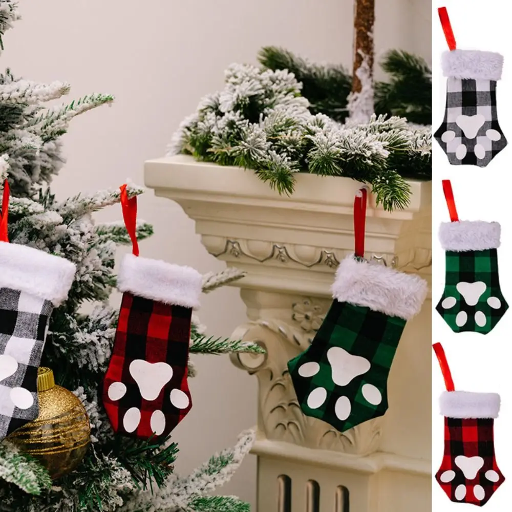 Christmas Stocking Dog Claw Socks New Year Candy Gift Bag Xmas Tree Fireplace Hanging Decoration Red Black