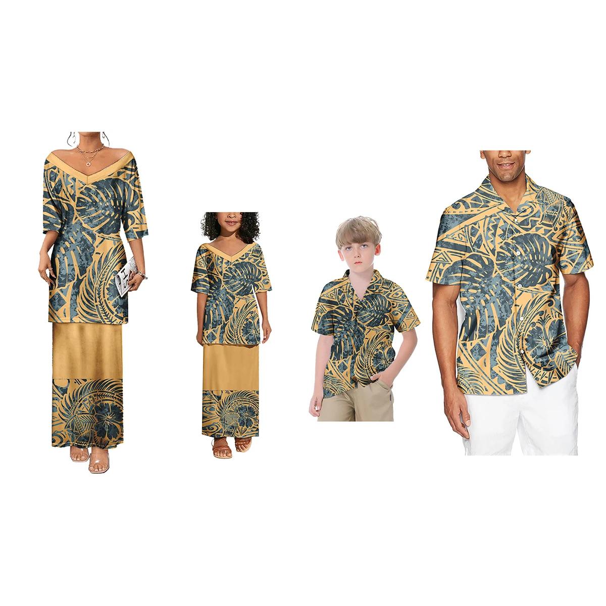 DUOLIFU Couple Matching Hawaiian Outfit - Men's Shirt & Women's Long Dress Polynesian Print Set