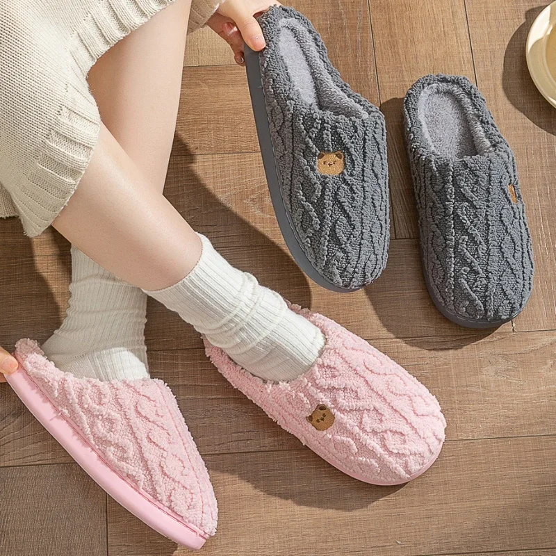 

Winter Women Cute Bear Warm Faux Fur Home Plush Slippers Cartoon Wacky Lining Fluffy Cozy Flat Non Slip Sole Ladies Shoes