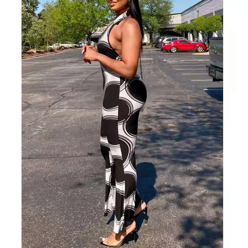 Print Club Outfits for Women Clubwear 2023 Sexy V-neck Halter Strap Sleeveless Slim Print Black Slim Temperament Casual Jumpsuit