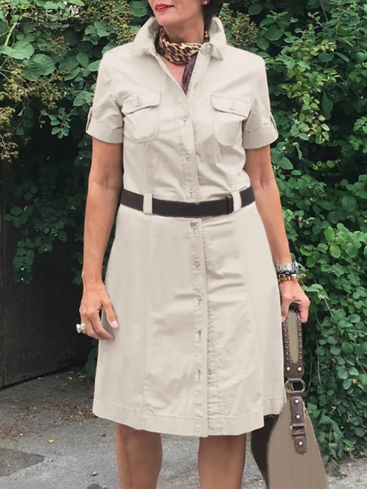

ZANZEA Summer Lapel Neck Short Sleeve Work Shirtdress Elegant Solid Knee-length Party Sundress Robe Fashion Women Cargo Dress