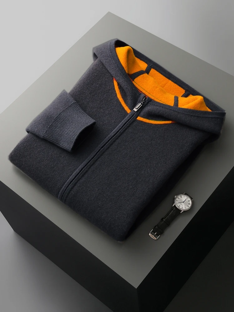 Choice 2024 New Chic Men Cashmere Hooded Cardigan Autumn Winter Basic Grace 100% Cashmere Knitted Sweater Korean Popular Tops 6