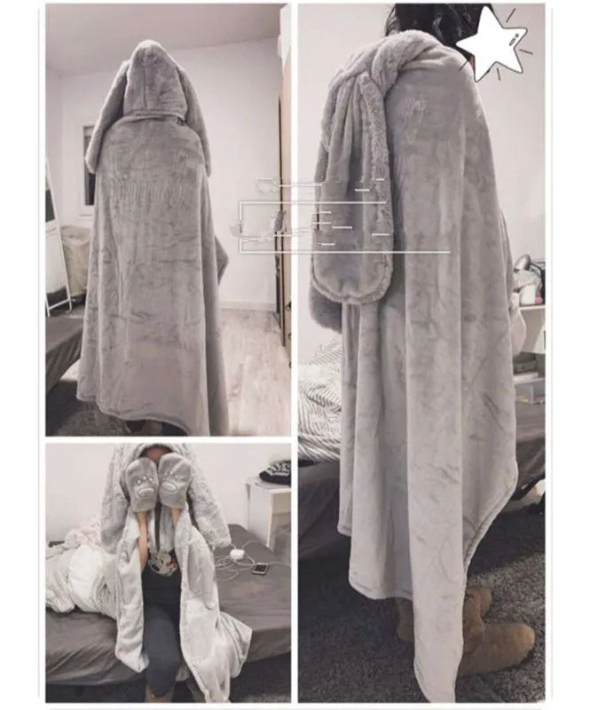 Spanish Winter Long Ears Grey rabbit thick cape can be worn outside Cloak Robes
