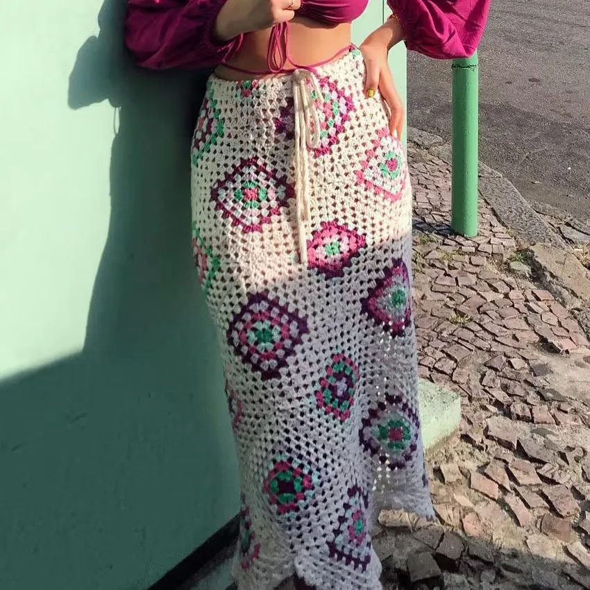 Faldas largas ganchillo para mujer, faldas de cintura alta estilo bohemio, tejidas a mano, cordones florales, diseño de gancho, para vacaciones, 2022 -
