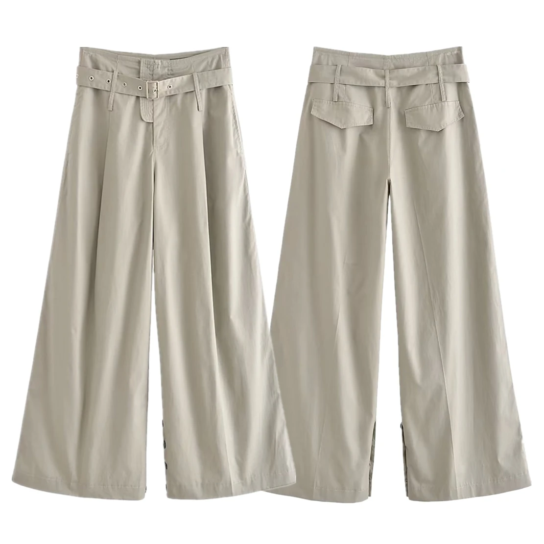 

Dave&Di British High-Waisted Casual Wide-leg Trousers With Belt Gray Green Simple Commuting Loose Trousers For Women