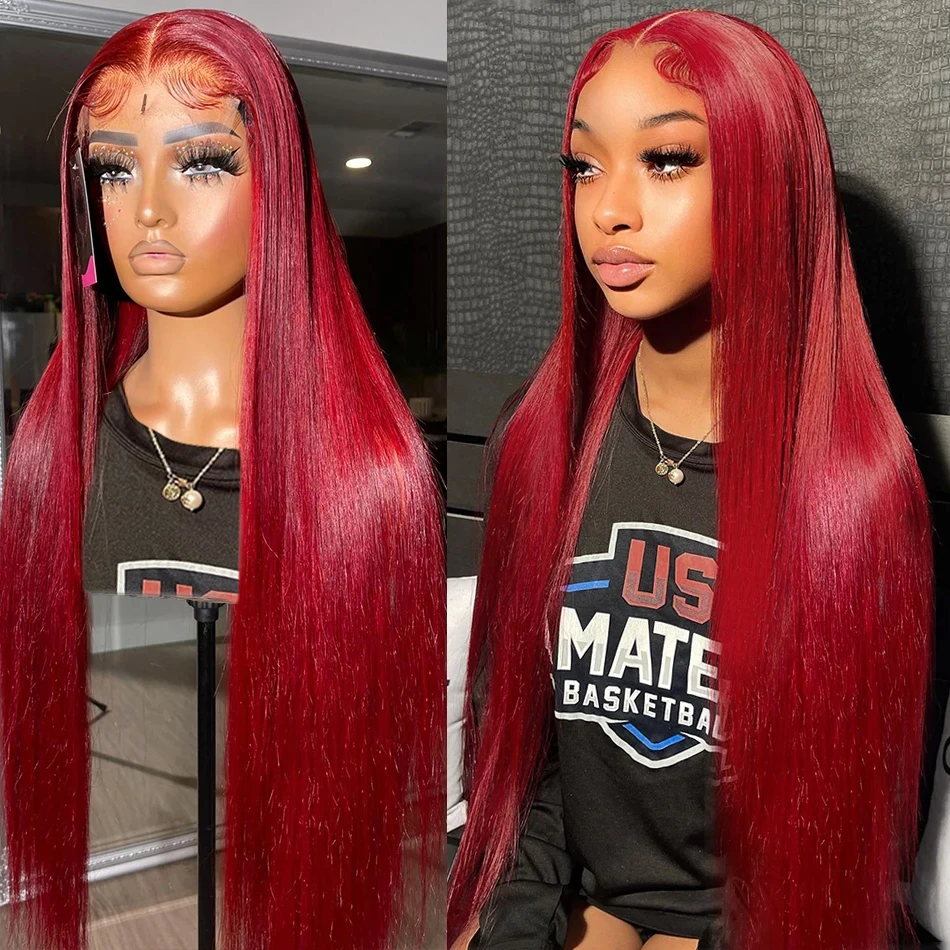 Cosdelu 99J Burgundy Straight 13x6 Lace Front Wigs Human Hair Red Ombre