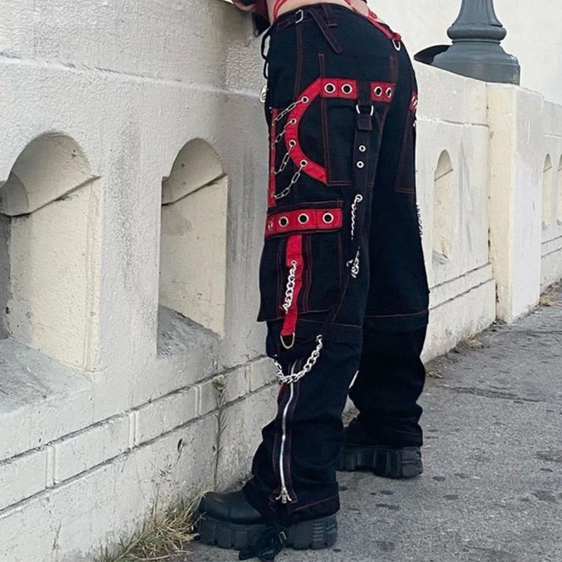 Women Baggy Cargo Pants Punk Colorblock Eyelets Bandage Chain Wide Leg Trousers Dropship