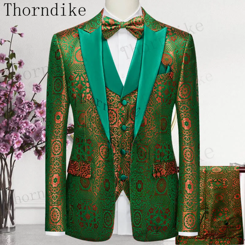 Thorndike Green Jacquard Men's Western Tailored Suit Lapel Tuxedo Gentleman Texture Solid Color Unique Design Casual