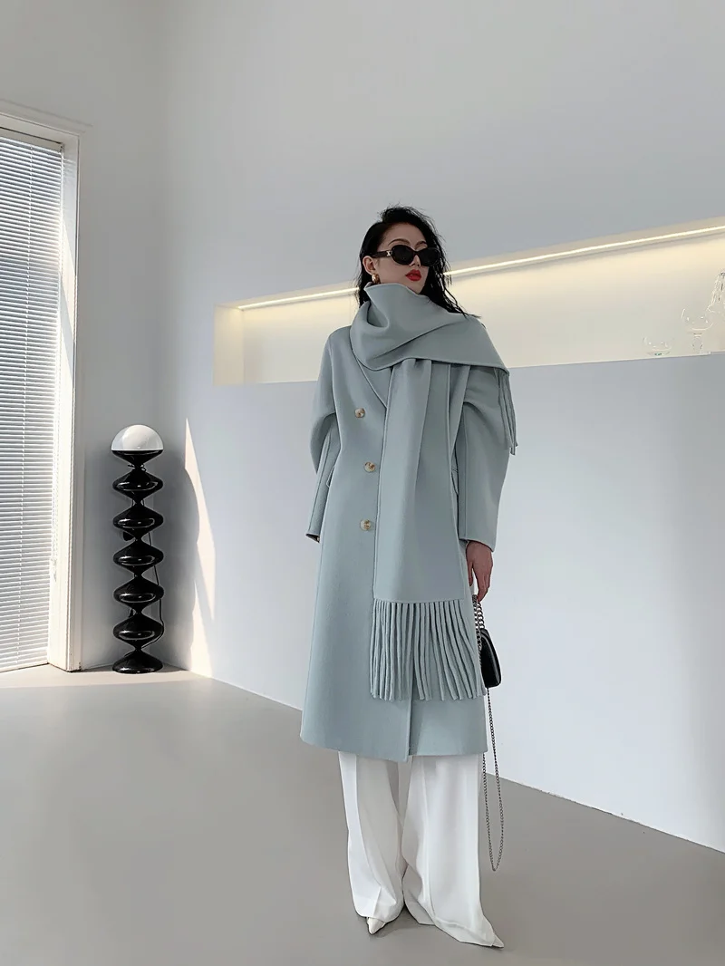 

2023 Tassel Scarf Design Macaron Color Reverse Season Double Sided Cashmere Coat Women's Woolen Coat Spring and Autumn