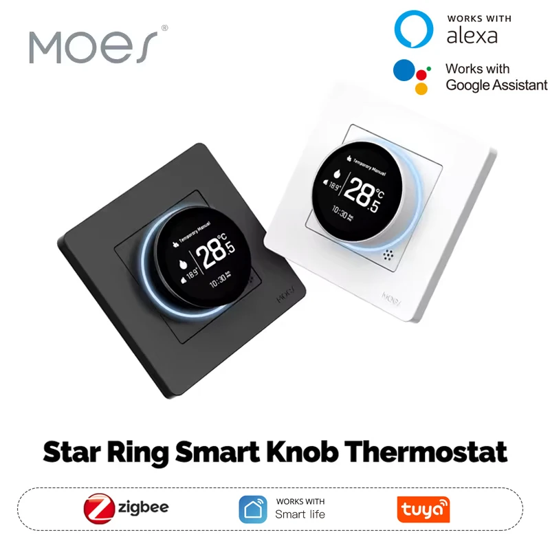 เทอร์โมสตัทแบบหมุนอัจฉริยะ MOES Tuya ZigBee รุ่น Star Ring ควบคุมอุณหภูมิสำหรับหม้อต้มน้ำและเครื่องทำความร้อนไฟฟ้า รองรับ Alexa และ Google 1