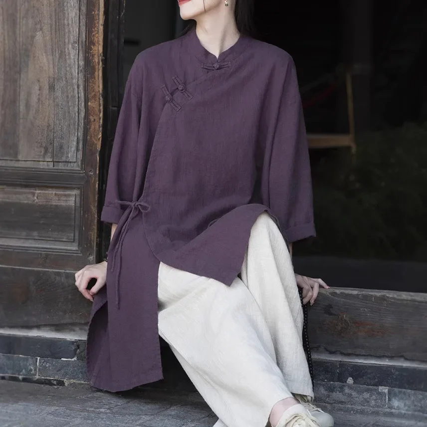 New Chinese Style Vintage Cotton Linen Top Medium-Length Buttoned Sash Scarf Zen Tea Householder Women's Suit