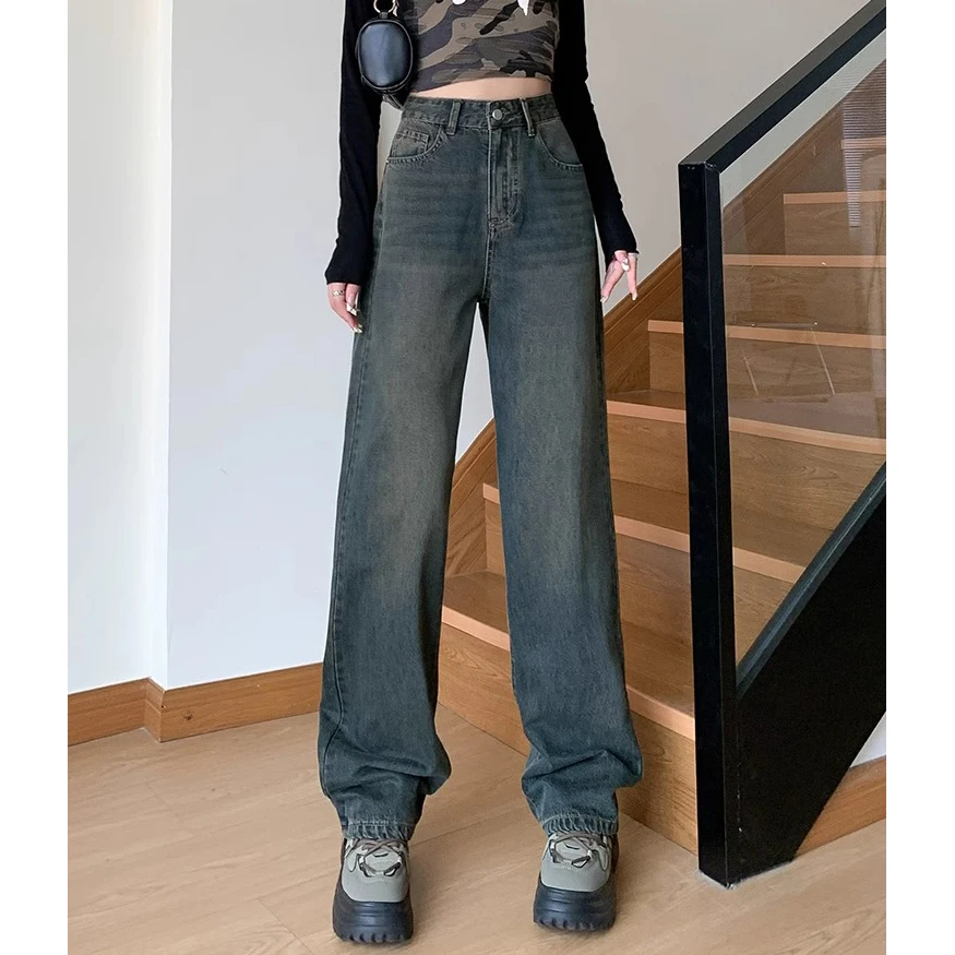 American retro cement gray wide-leg jeans female spring 2024 new high-waisted thin loose straight drag pants