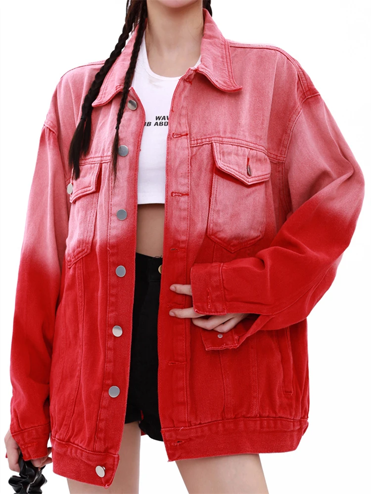 

Women's Tie Dyed Gradient Red American Vintage Denim Coat Autumn Winter Street Unisex Style Female Loose Long Sleeve Jacket