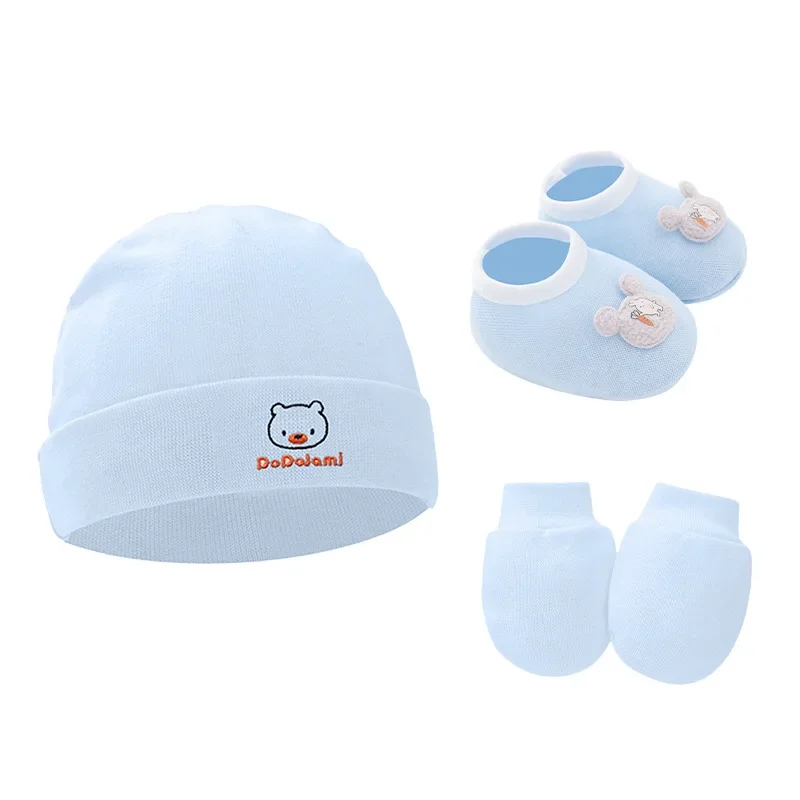 3PCS/Set Newborn Hat Gloves Shoes Solid Color Cotton Boy Girl Scratch Resistant Gloves Newborn Soft Floor Sock Cute Pullover Hat