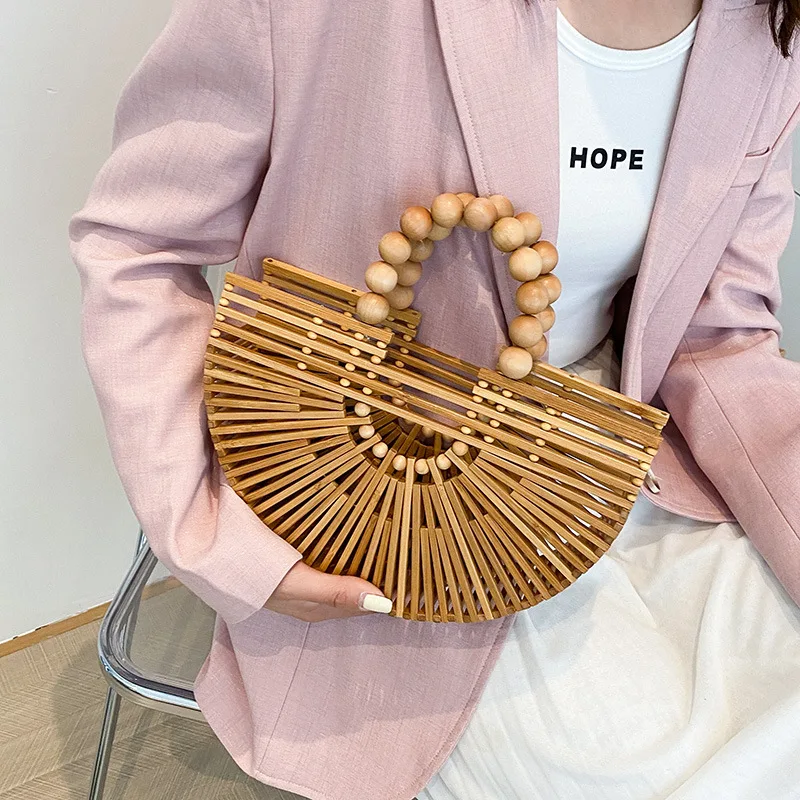 Bamboo Beach Bags for Women 2024 Trend Summer Fashion Handbag Handcrafted Hollow Out Woven Bag Pearl Large Shoulder Bag Woman