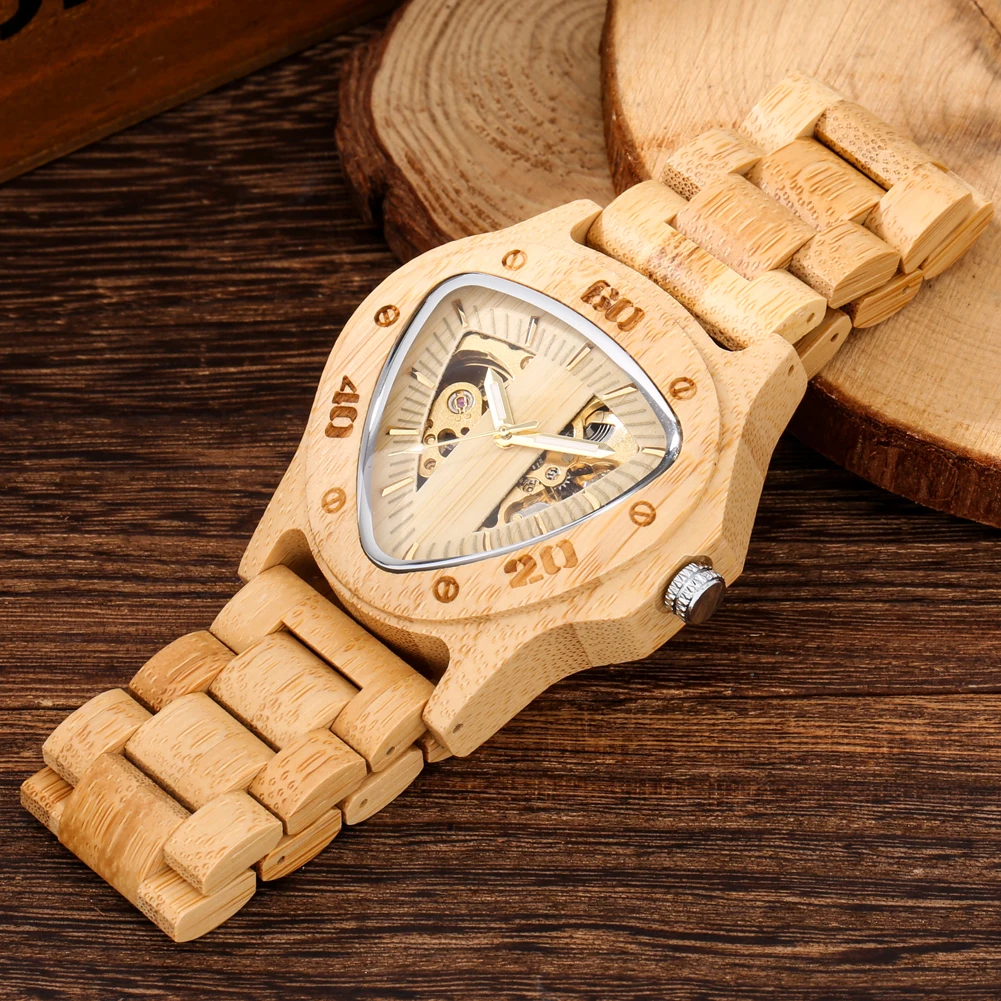 Simple Fashion Bamboo/Wooden Triangle Automatic Mechanical Wristwatch Men's Wood Bangle Folding Clasp Watch Band Timepiece Gift_voghion.com