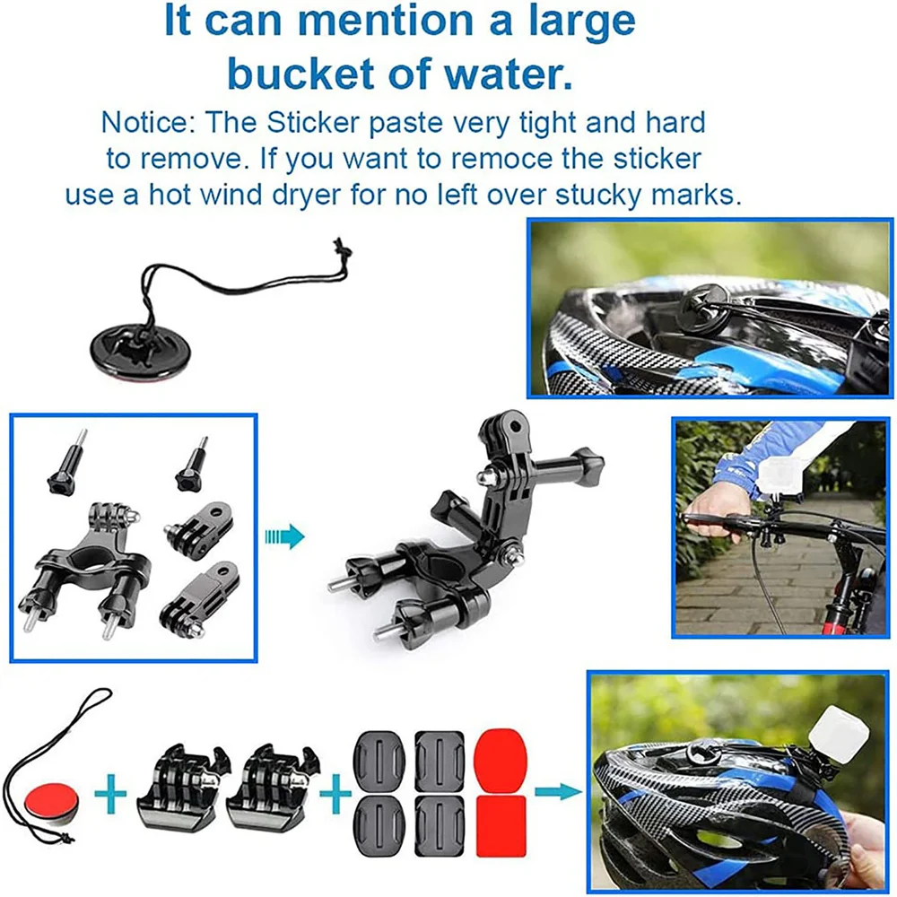 Kit Accessoires Universel pour GoPro 60en1 monté sur un casque, prêt pour l'action.
