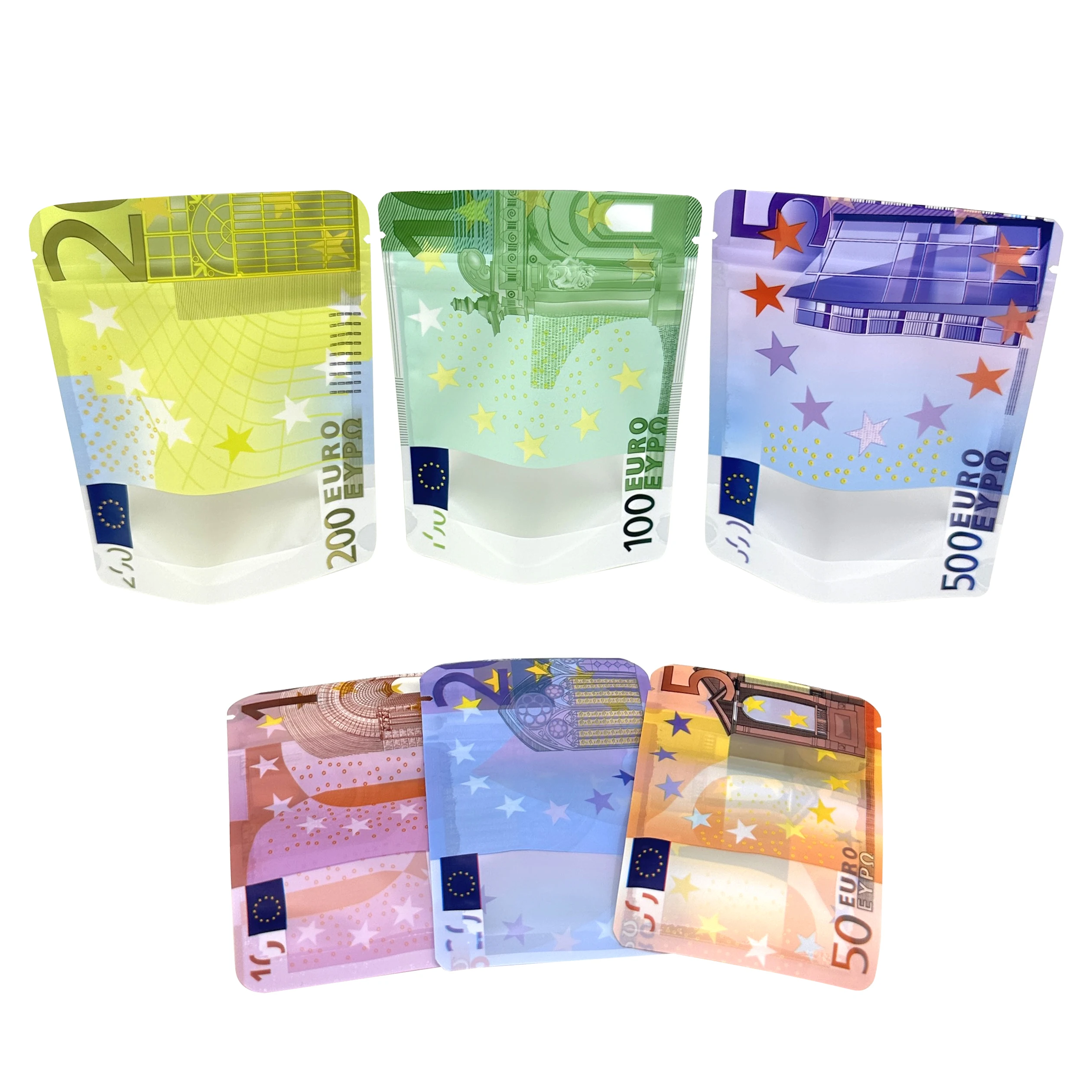 10€ 20€ 50€ 100€ 200€ 500€ 지폐 종이 지퍼 잠금 가방 투명 창이 있는 작은 주머니 1-3.5G 마일라 작은 가방 맞춤형 디자인 유로