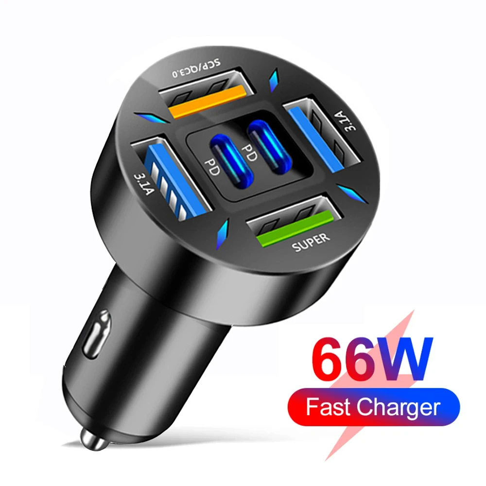 

66W Car Charger Fast Charging PD QC3.0 With Voltmeter Cigarette Lighter Socket Power Adapter For iPhone 11 12 Samsung Xiaomi