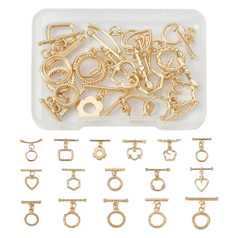 

32Pcs 16 Styles Rack Plating Brass Toggle Clasps Heart Flower Ring OT Clasps for Jewelry Making Necklace Bracelet DIY Gifts