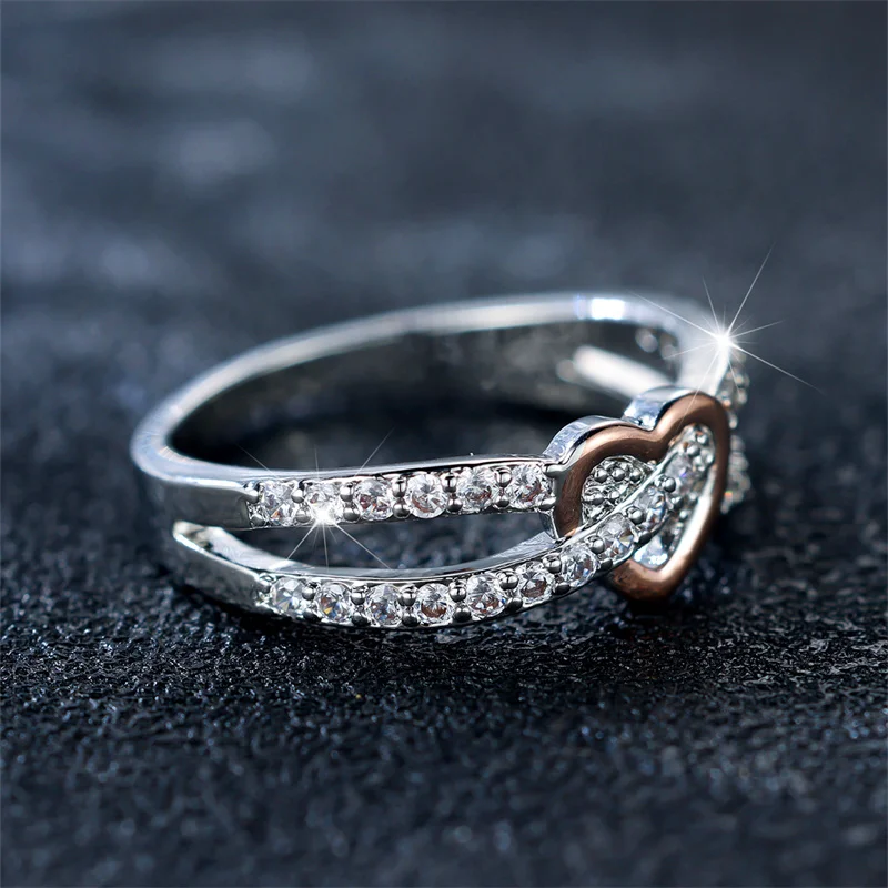 Simple Female White Zircon Stone Ring Rose Gold Silver Color Heart