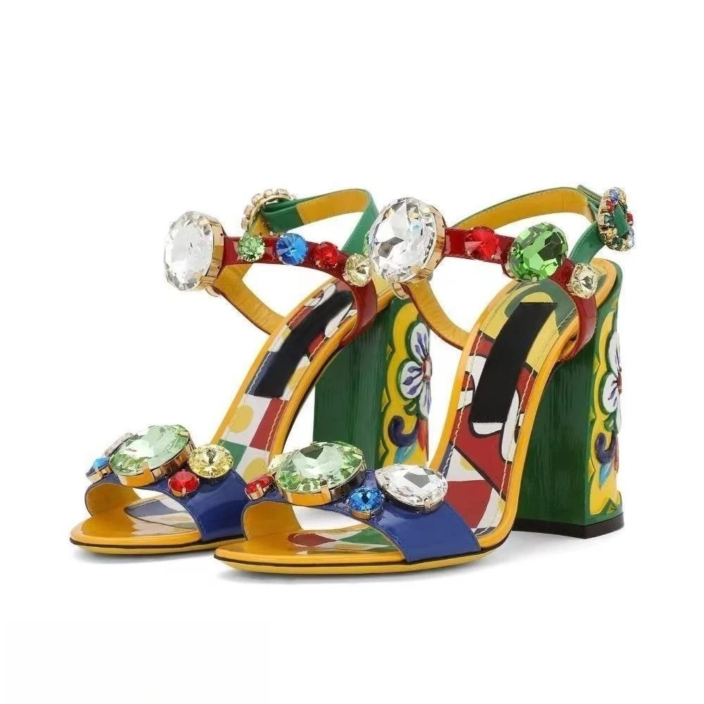 

Rhinestone Flower Ladies High Heel Round Toe Blue and White Porcelain Chunky Heel Sandals For Women Exquisite Banquet Shoes