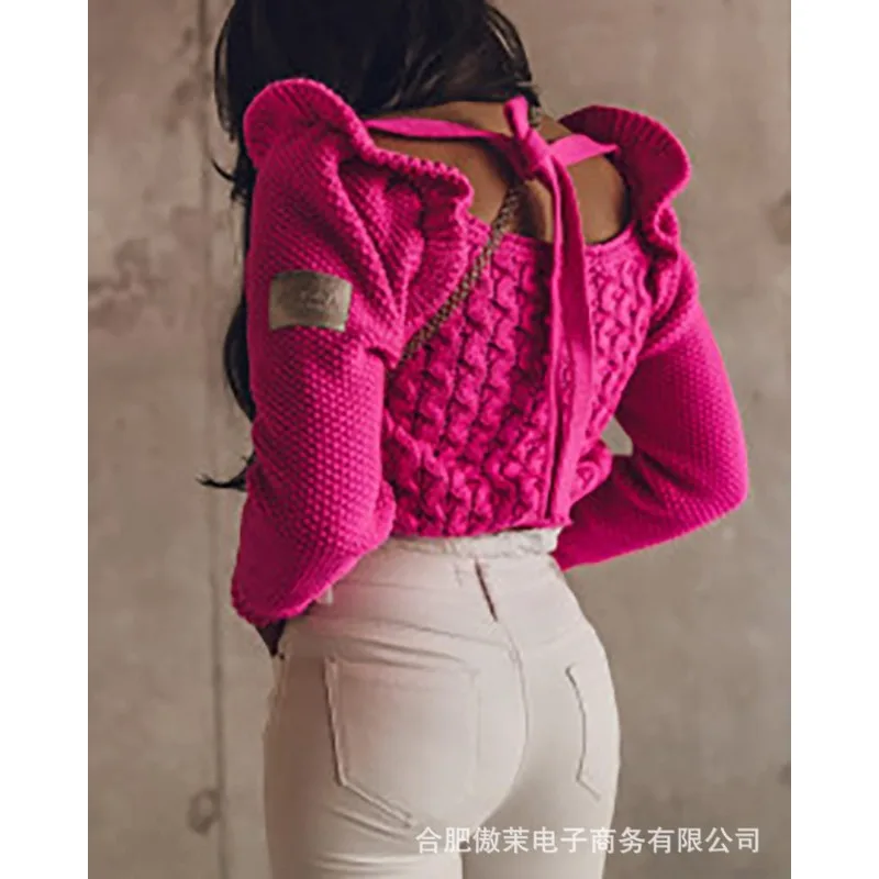 

2023 New Women's Clothing Square Collar Lace up Ruffled Knitted Top Slim Fit Slimming Casual and Comfortable Top