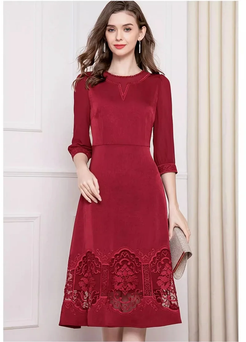 

4XL 3XL 2XL женская одежда 2024 весеннее коктейльное женское сексуальное Тюлевое кружевное вышитое платье средней длины с рукавом 3/4 красное черное элегантное платье