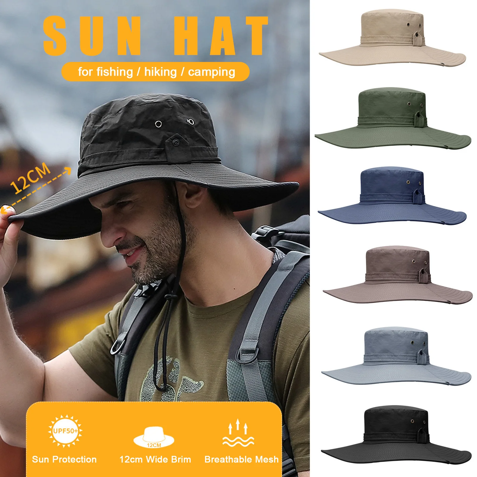 xixi-home Mens Sun Hat UV Protection Bucket Hat Outdoor Wide Brim Sun  Fishing Hat for Men,Breathable Foldable Climbing Hat with Adjustable Chin