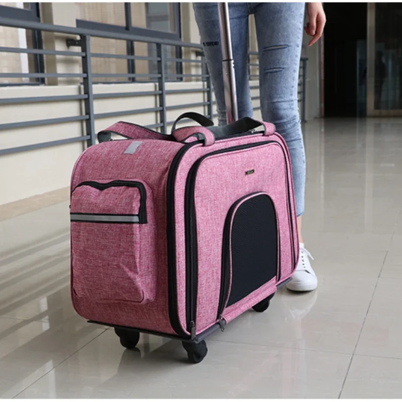 

Eu Free Mute Wheels Pet Trolley Case Breathable Pet Trolley Bag Panoramic Sunroof Portable Trolley Pet Bag with Mesh Panels