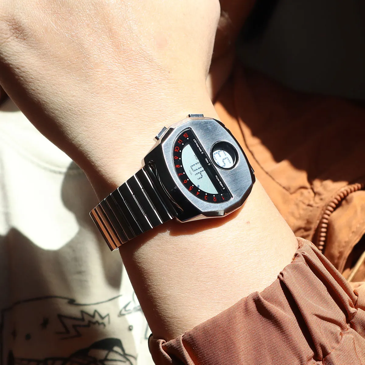 Digital Watch for Men Stainless Steel Band Dual Display Electronic Wristwatch with Alarm Waterproof Sports Watch Daily Casual - 4