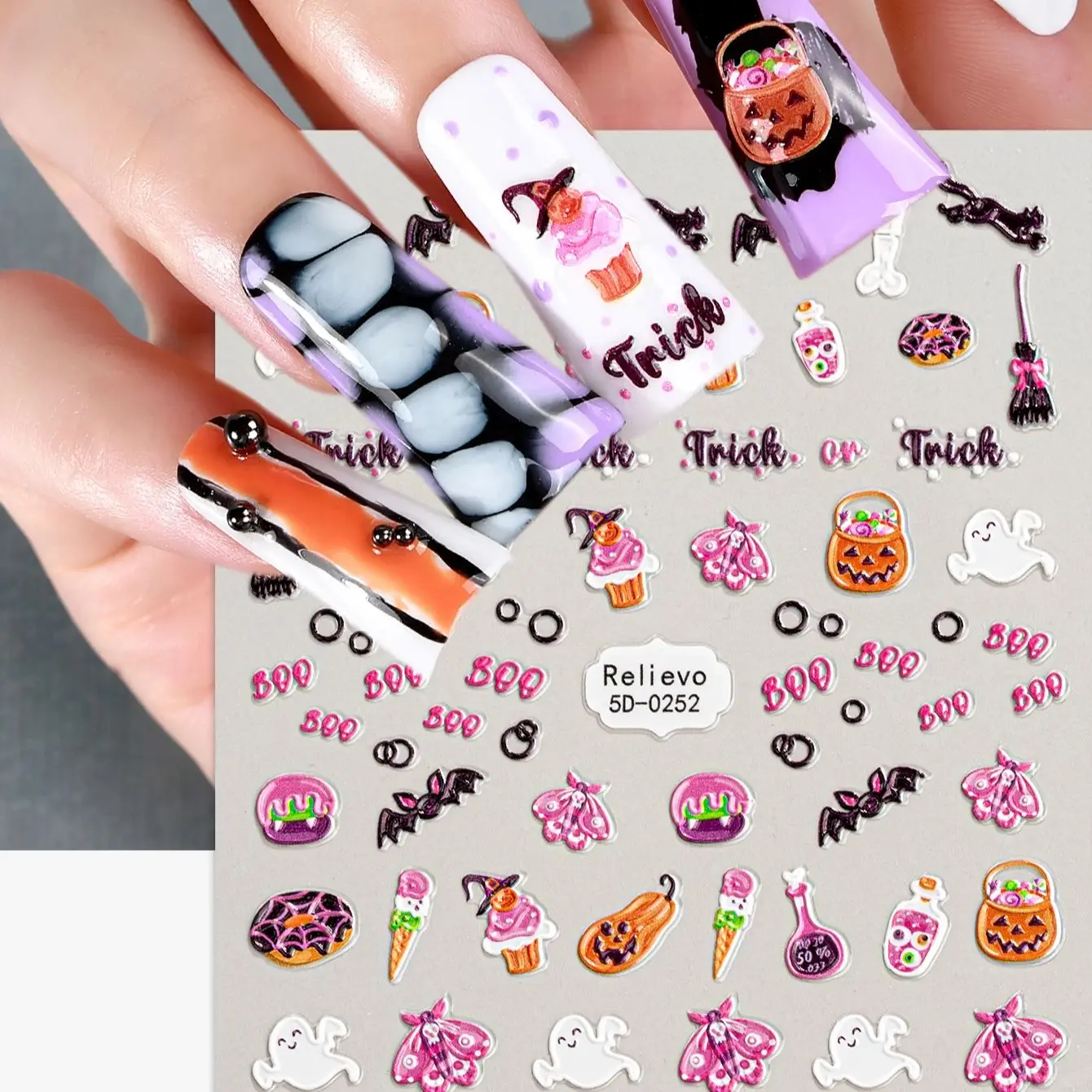 3pcs 5D Halloween Nail Art Stickers Y2K Pumpkin Skull Bone Ghost Cross Design Adhesive  Nail Decals for Manicure Decoration 3