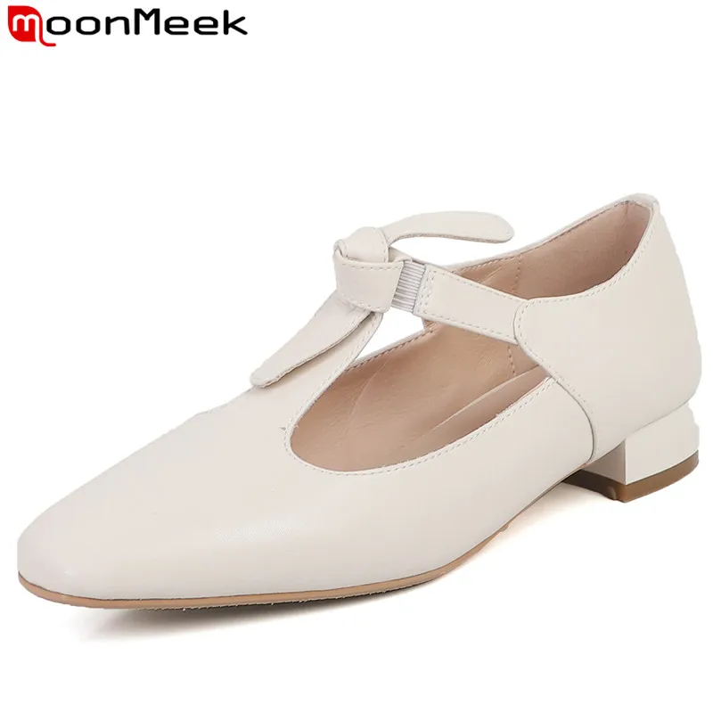

MoonMeek 2023 Size 33-40 New Vintage Female Square Toe Shoes Genuine Leather Single Pumps Square Low Heels Dress Shoes